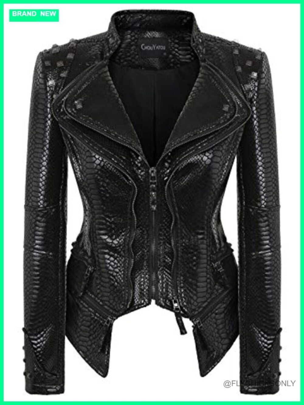 Faux Leather Moto Biker Jacket with Snake Print and Studs